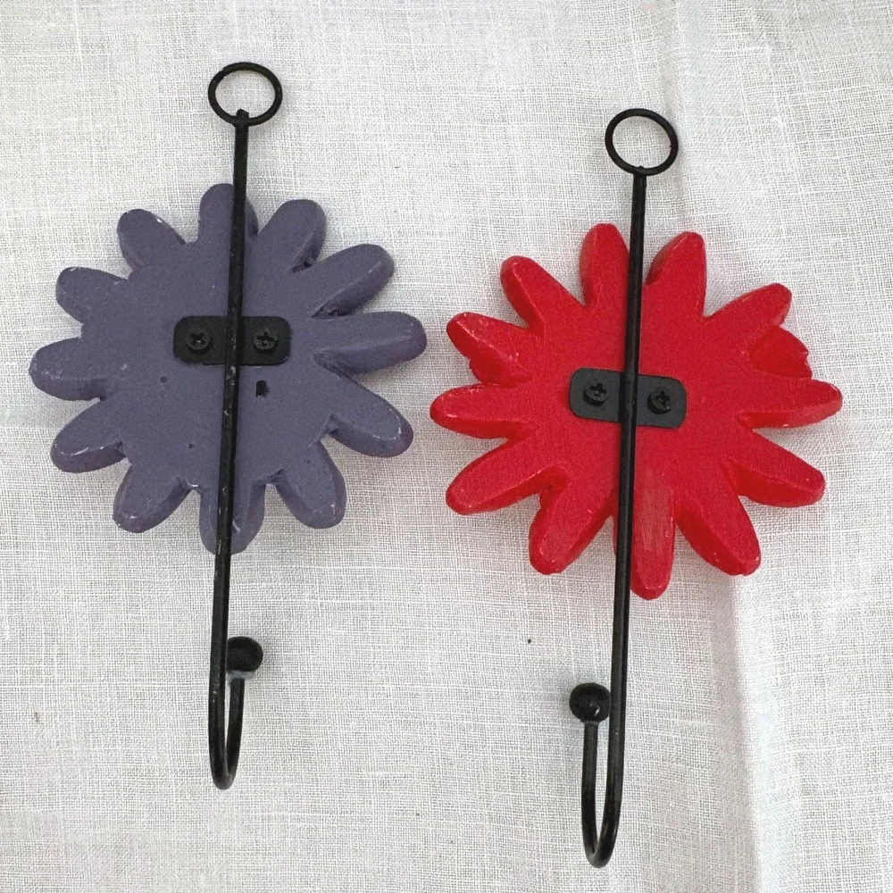 Set of 2 Daisy Flower Ladybug Wall Hooks Red Purple Metal Garden Decor Hooks